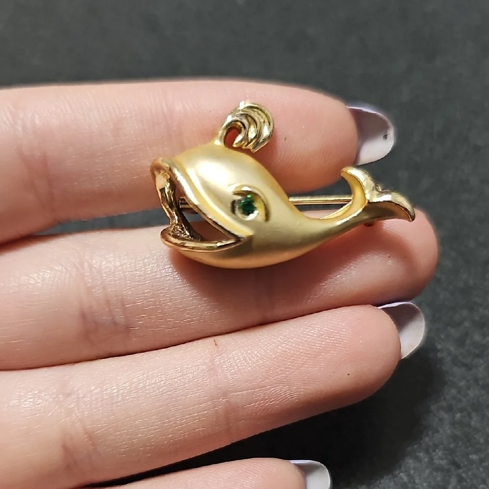 Gold Fish Brooch with Green Accent